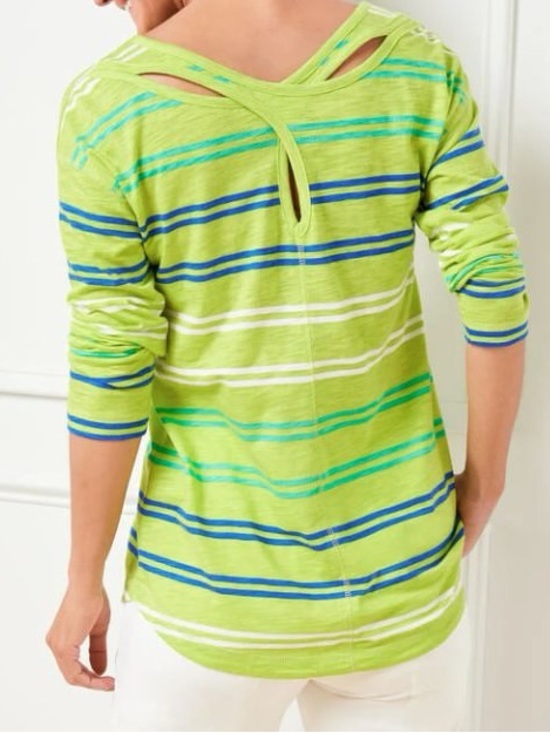 Talbots Tops - T By Talbots Women 2X Green Striped Cotton Blend 3/4 Sleeves Cross Back Top
